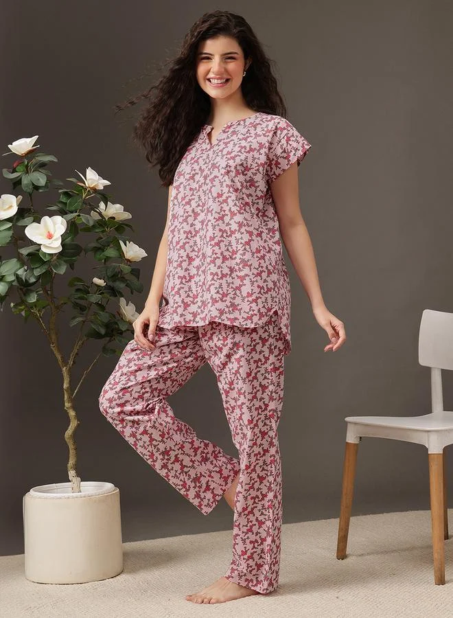 Clovia Floral Print Longline Top and Pyjama Set